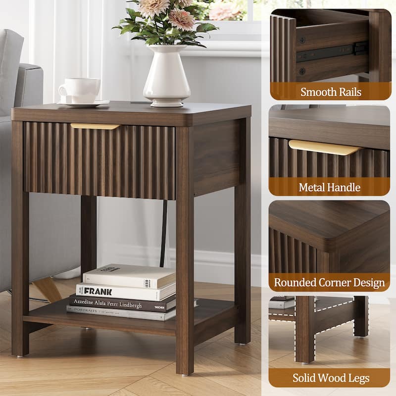 Nightstand with Drawers Fluted Bedside Table with Charging Station
