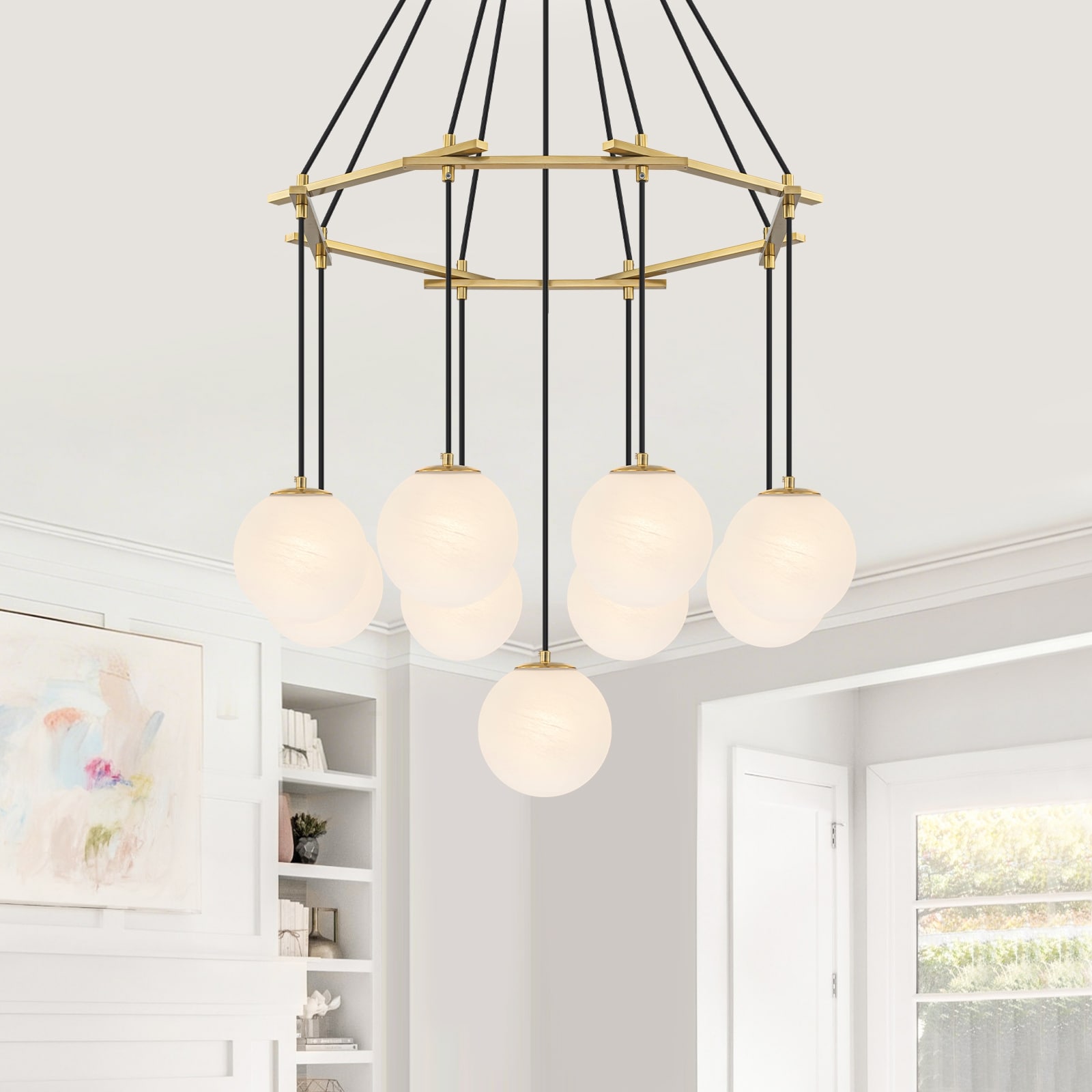 9-Light Modern Geometric Chandelier Marble Opal Glass Globes - Dia.30-in