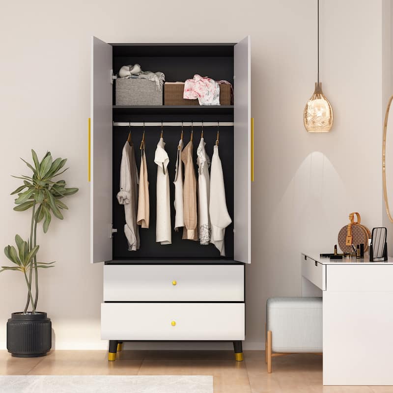 Wardrobe Closet Armoire with 2 Doors Wooden Clothes Storage Cabinet