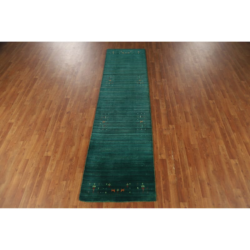 Tribal Green Gabbeh Indian Runner Rug Handmade Wool Carpet - 2'6" x 9'9"