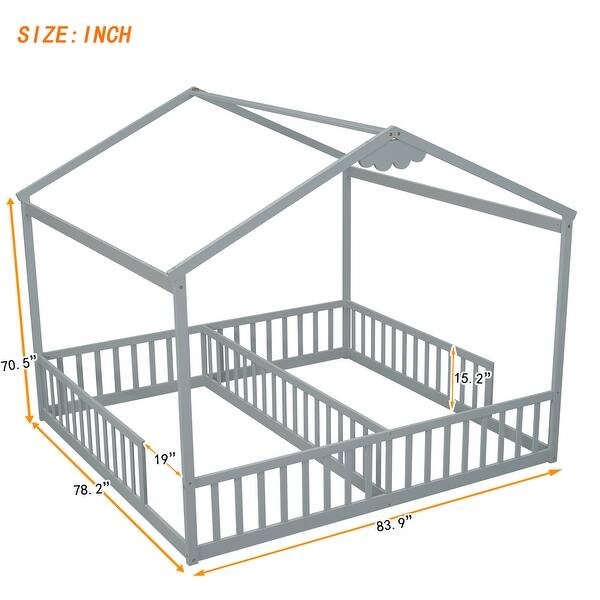 Double Twin Size House-Style Floor Bed with Fence and Guardrails without Door For Home