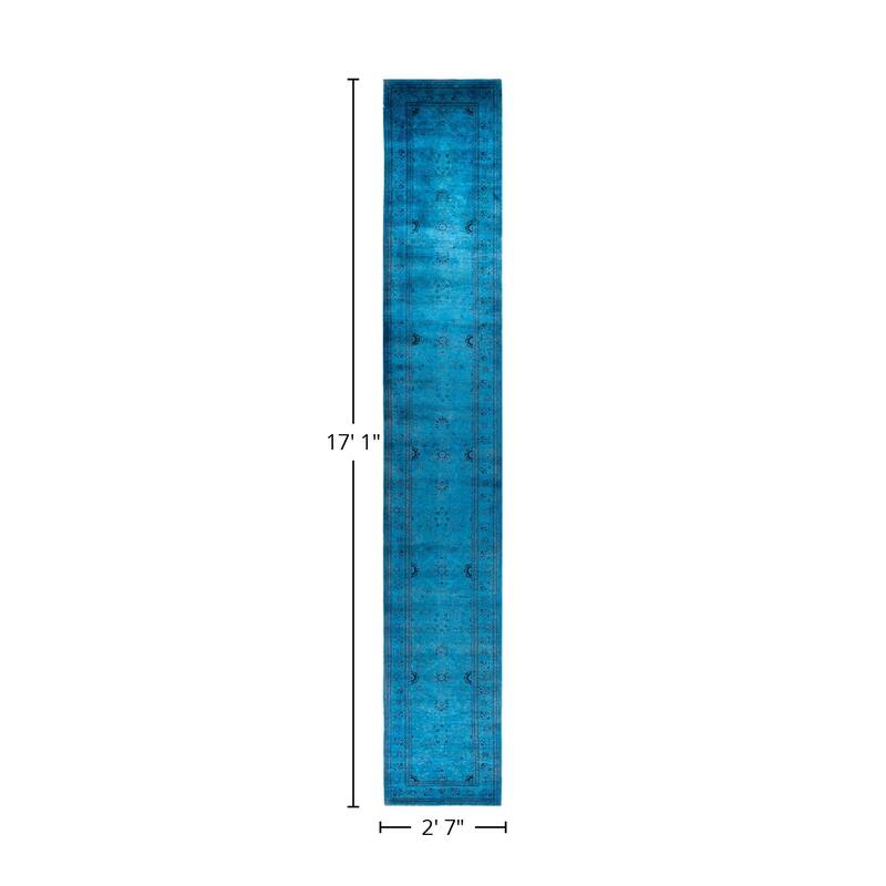 Overton Hand Knotted Wool Vintage Inspired Modern Contemporary Overdyed Blue Runner Rug - 2' 7" x 17' 1"