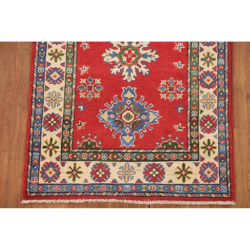 Geometric Red Kazak Oriental Accent Rug Handmade Wool Carpet - 2'10" x 4'2"