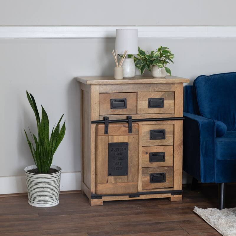 Rustic Mango Wood Storage Cabinet with Sliding Barn Door, Drawers & Powder-Coated Iron Accents