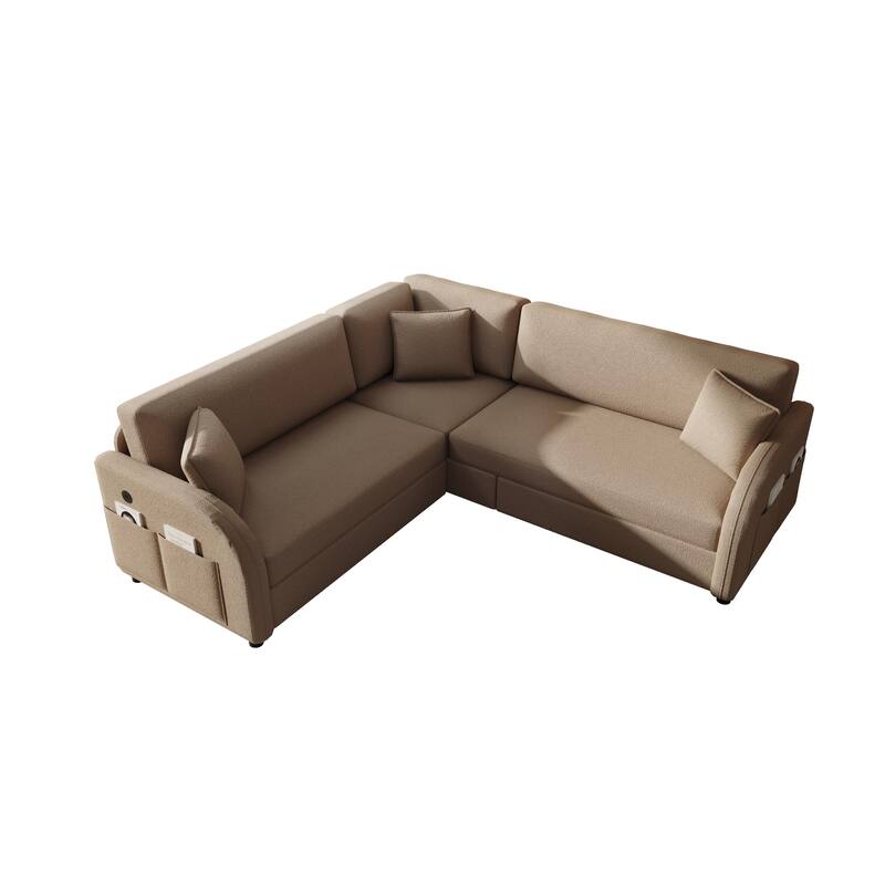 Sectional Sleeper Sofa with Pull Out Bed, Convertible Teddy Fabric Couch with Side Pockets & USB Ports, L Shaped Modular Couches