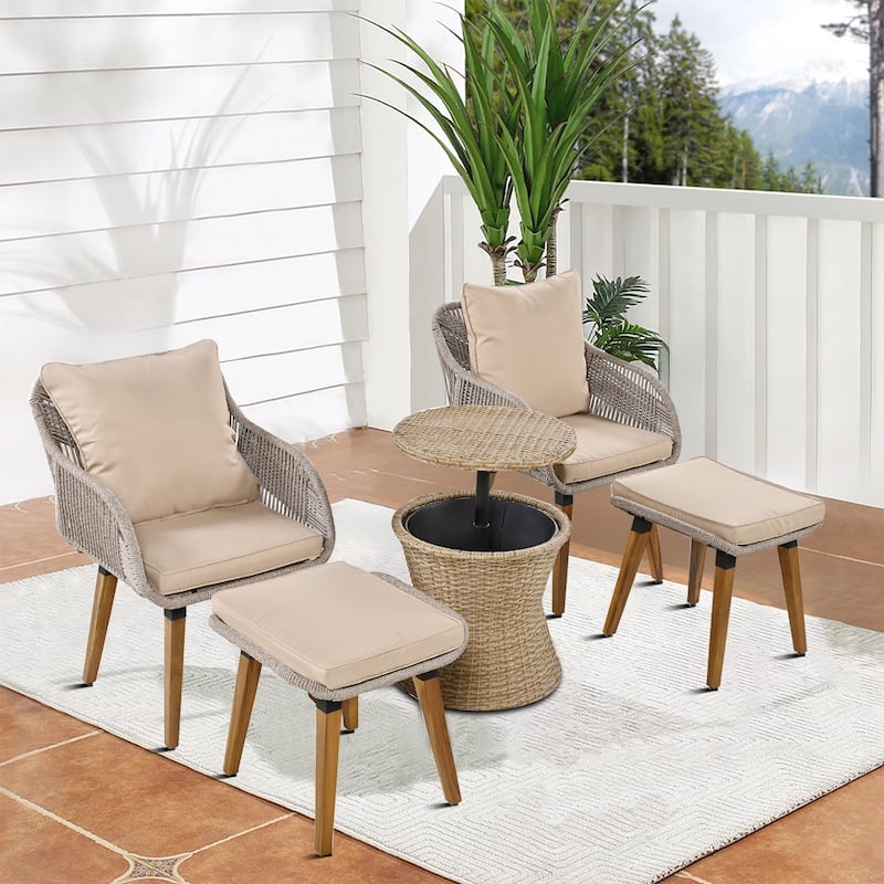 Modern 5 Piece Outdoor Conversation Set - 2 Chairs, 2 Ottoman and a Side Table - Brown