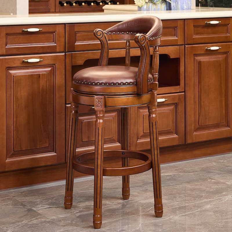 Cow Print Leather Swivel Bar Stool with Back, Wooden Frame & 360-Degree Spin, Bar Height, Brown