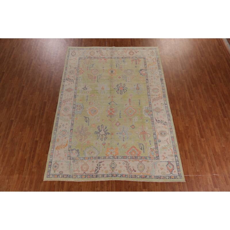Hand Knotted Oriental 100% Wool Carpet Transitional All-Over Green Oushak Area Rug - 12' 5'' X 8' 10''