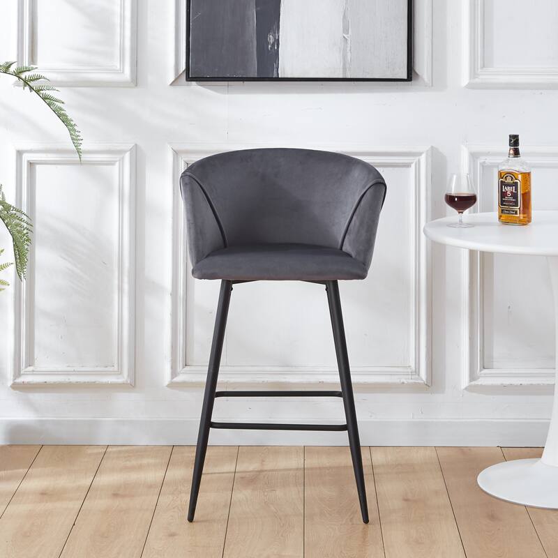 Bar Stool Set of 2, Upholstered Counter Height Bar Stool with Footrest, Kitchen Island Chairs with Metal Legs and Back - Dark Grey