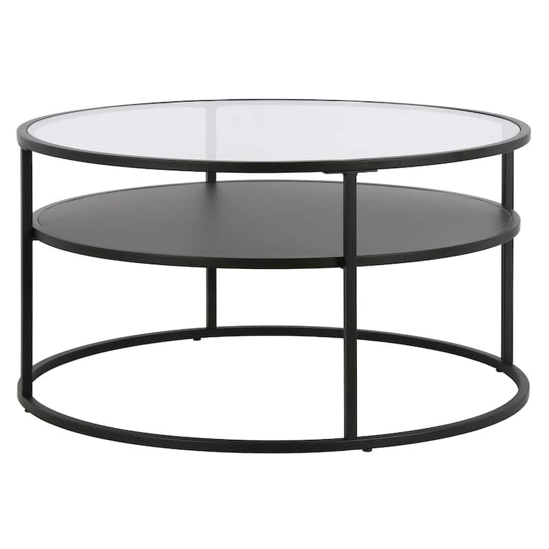 32" Black Glass Round Coffee Table with Steel Base and Storage Shelf - 32” x 32” x 17”