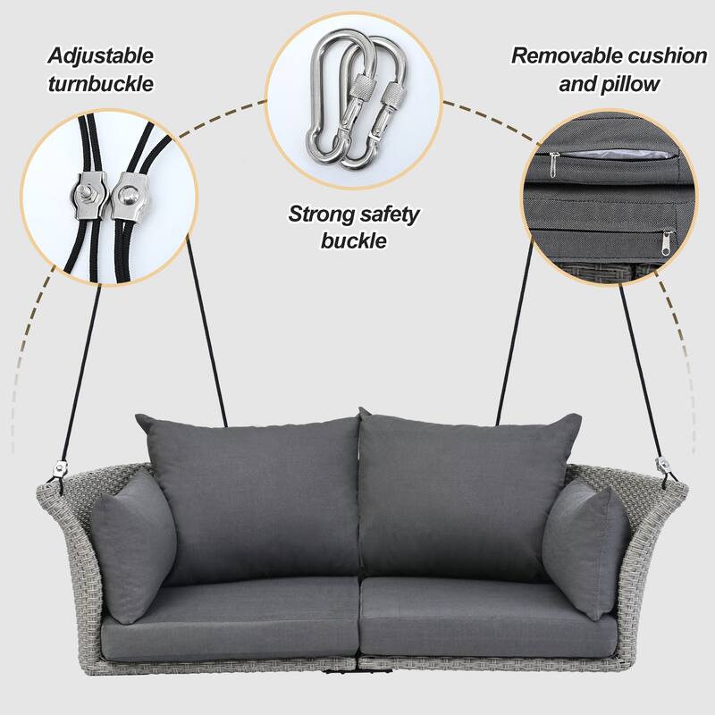 2-Person Porch Swing Bench, PE Rattan Outdoor Swing Chair w/ Comfortable Seat & Back Cushions, Patio Loveseat Swing for Balcony
