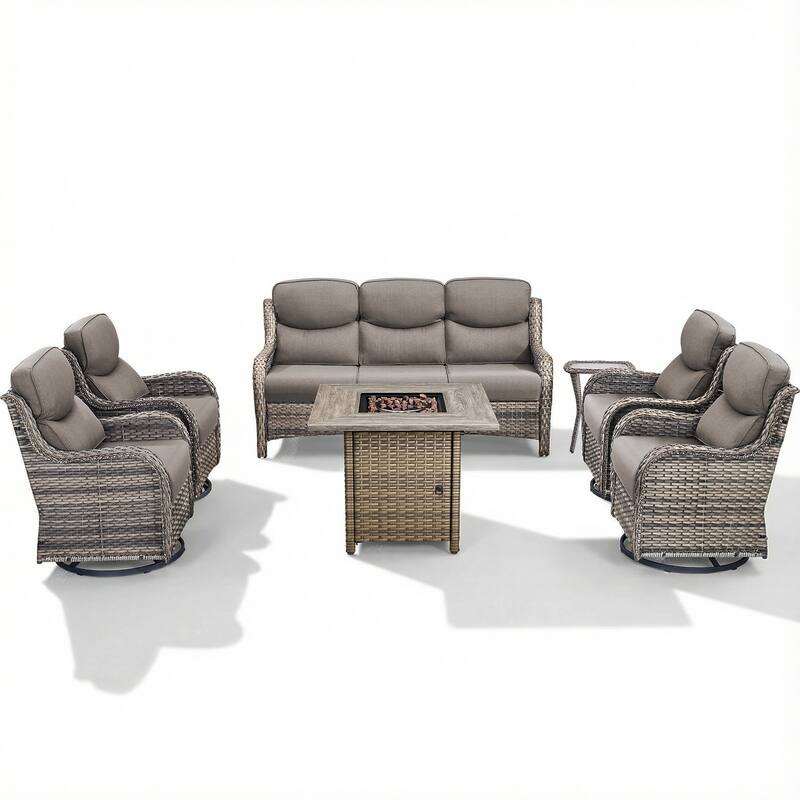 Pocassy Outdoor Propane Fire Pit Table with Sofa Swivel Chair Funiture Set.