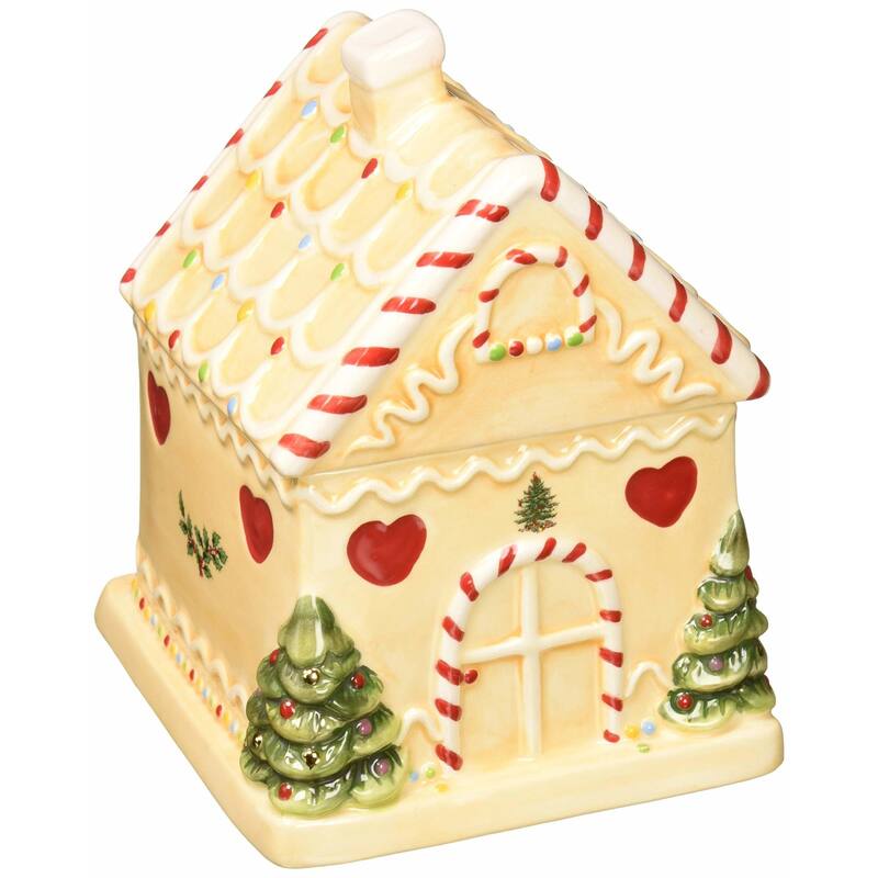 Spode Christmas Tree Figural Gingerbread House Candy Jar - 7" L x 7" W x 7" H - 7" L x 7" W x 7" H - Multicolored - 1 Piece
