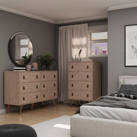 Manhattan Comfort Amber Double Wide and Tall Dresser with Faux Leather Button Handles - Set of 2