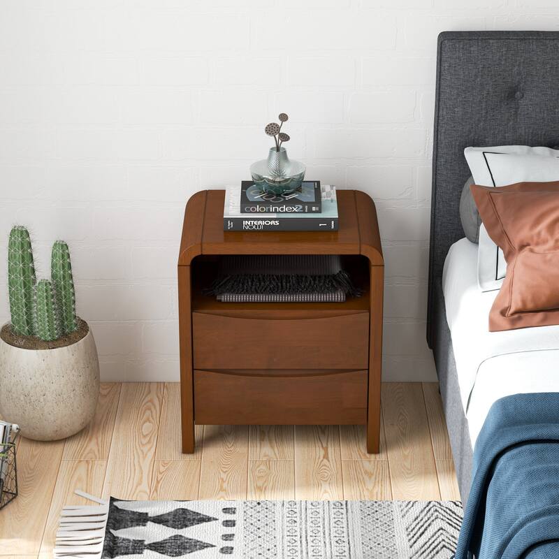 GDFStudio - Lionel Modern Mid-Century Solid Wood Nightstand with Open Shelf & 2 Drawer