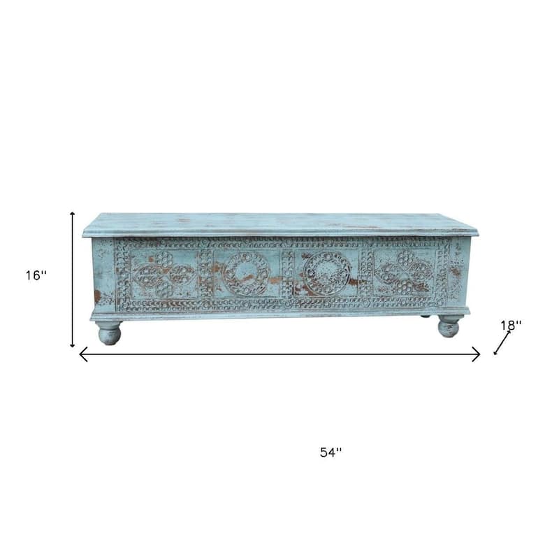 HomeRoots 54" Aqua Carved And Distressed Solid Wood Lift Top Coffee Table - 54 in. x 16 in. x 18 in.