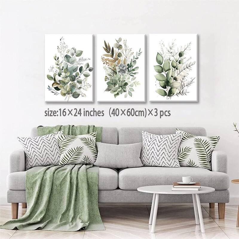 Set of 3 Framed Sage Green Painting Eucalyptus Leaf Picture Modern