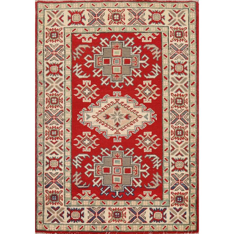 Red Kazak Foyer Rug Handmade Traditional Wool Carpet - 3'0"x 3'11"