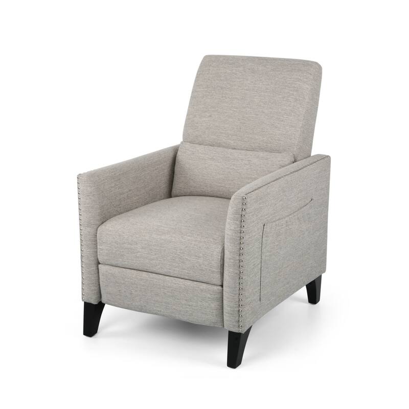 Light Grey Modern Fabric Push-Back Recliner with Footrest, Nailhead Accents, Birch Wood Legs