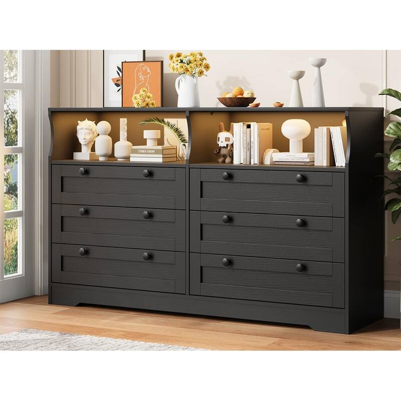 6 Drawer Dresser with RGB LED Lights, Power Outlet & 2 Open Shelves - Black