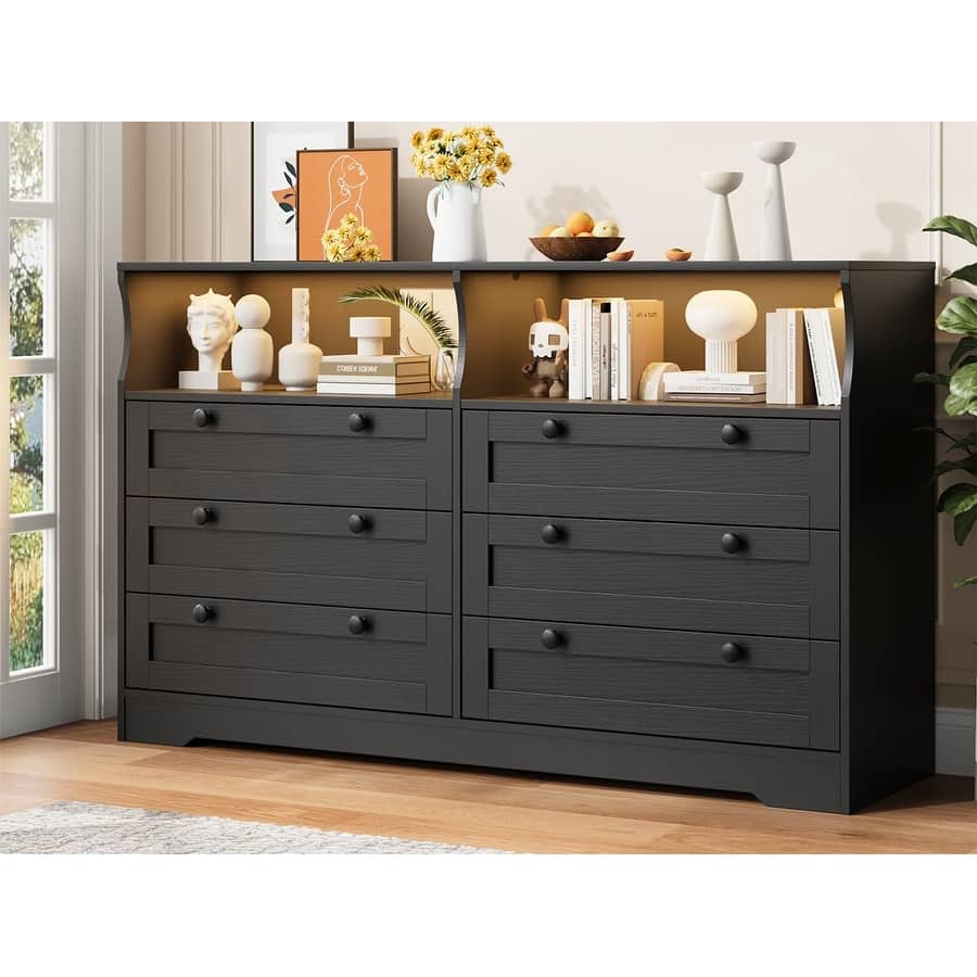 6 Drawer Dresser with RGB LED Lights, Power Outlet & 2 Open Shelves