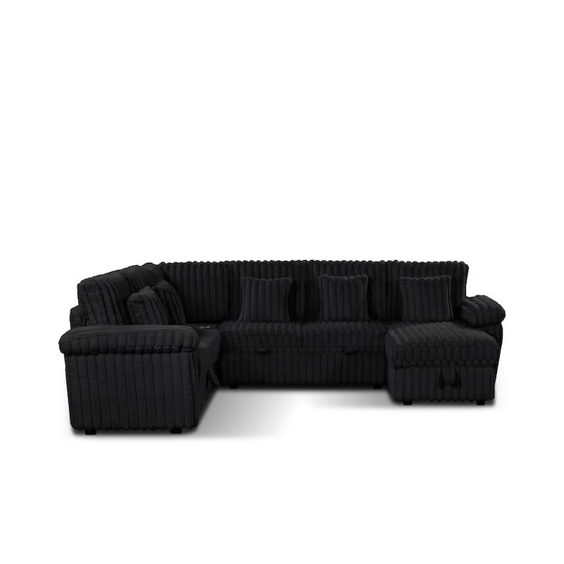 U-Shaped Corduroy Sectional Sofa with Storage Chaise & Pull-Out Bed, Upholstered Corner Sofa with Cup Holder & USB Port