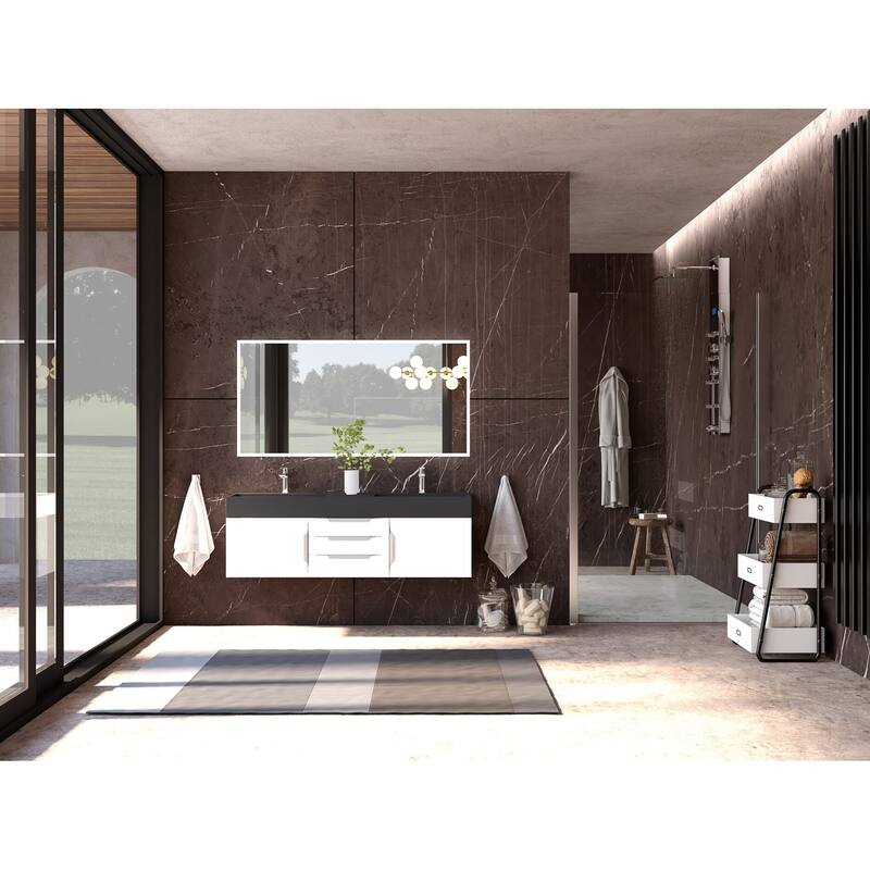 Amazon 60" Wall Mounted Bathroom Vanity Set w/ Black Top