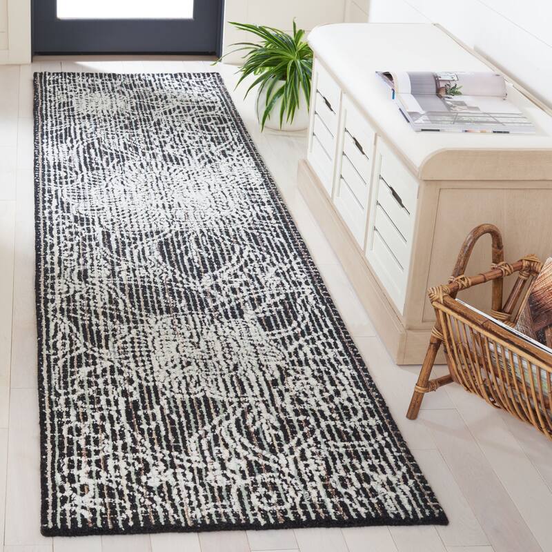 SAFAVIEH Handmade Ebony Dita Modern Floral Wool Rug - 2'3" x 9' Runner - Black/Ivory