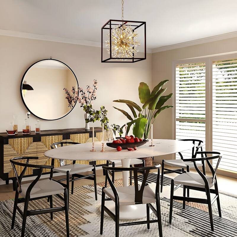 10-Light Modern Black Square Caged Chandelier Sputnik Gold Crystal Chandelier for Living/Dining Room - 16.1 in. W x 17.1 in. H