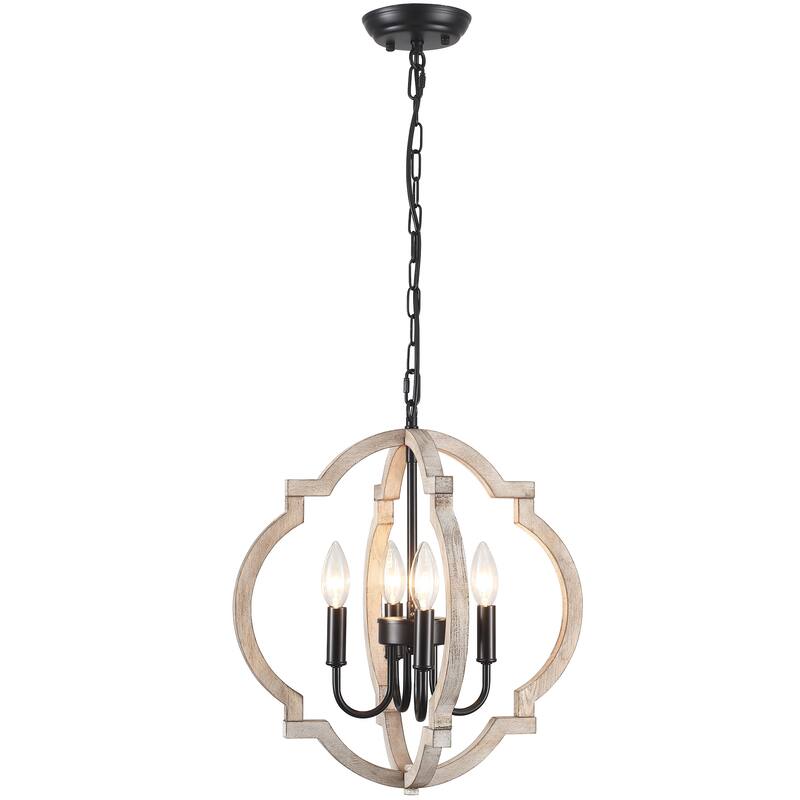 4-Light 16.33"W Wooden Lantern Rustic Chandeliers for Dining Room Kitchen