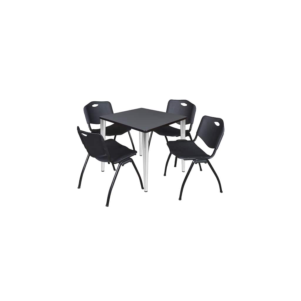 30 in. Square Breakroom Table- Grey Top, Chrome Base & 4 M Stack Chairs- Black
