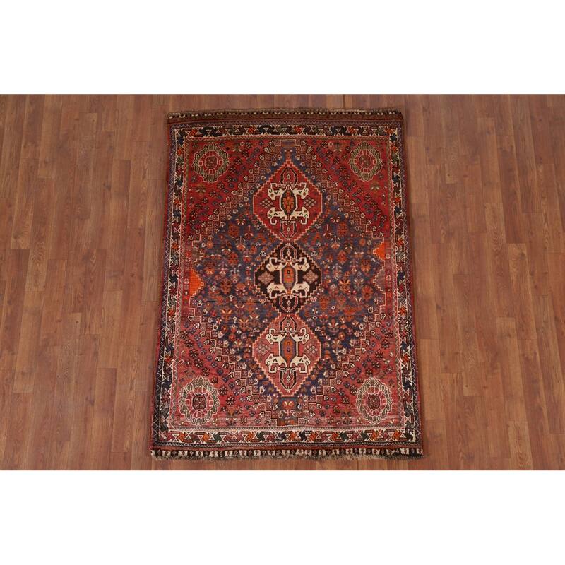 Hand Knotted Oriental 100% Wool Carpet Traditional Tribal Navy Blue & Blues Shiraz Area Rug - 5' 4'' X 3' 8''