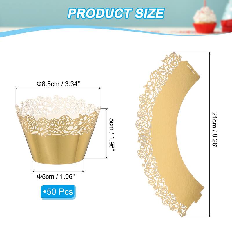 Cupcake Wrappers Paper, 50 Pack Baking Cups Standard Rose Decor - Reflective Gold
