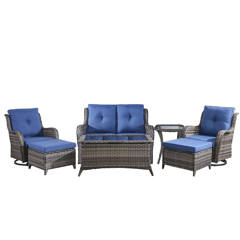Pocassy Outdoor 7PCS 2-Seat Sofa Swivel Chairs Table Ottoman