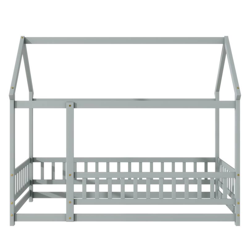 House Floor Bed with Roof Frame and Safety Guardrails,Ideal for Creating a Dreamy and Secure Sleeping Space for Kids