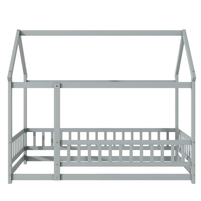 Twin Size House Floor Wooden Bed with Roof Frame