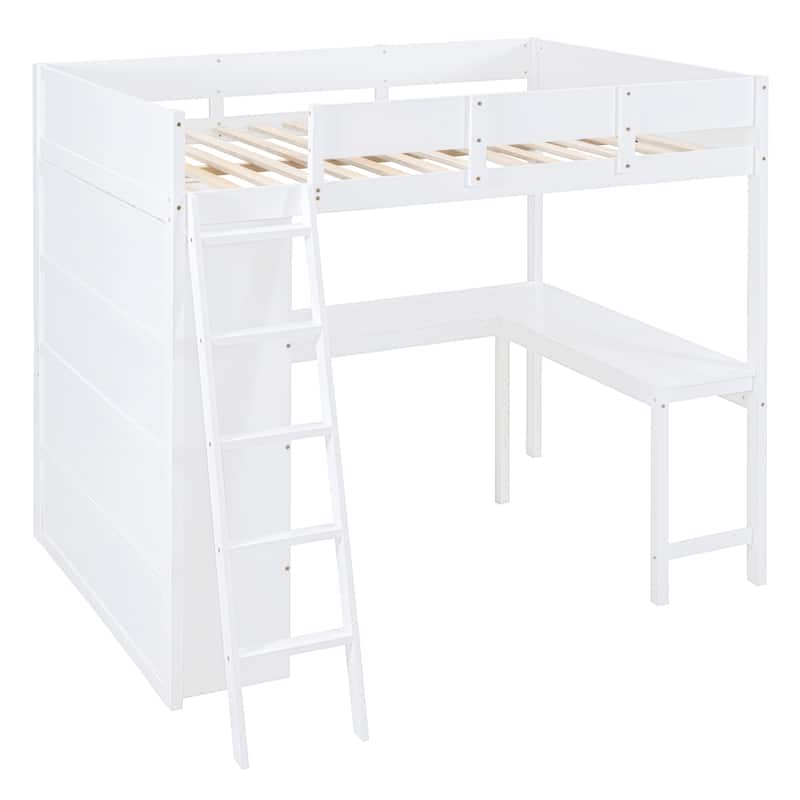 Full Size Loft Bed with Desk and Shelves in White/Gray