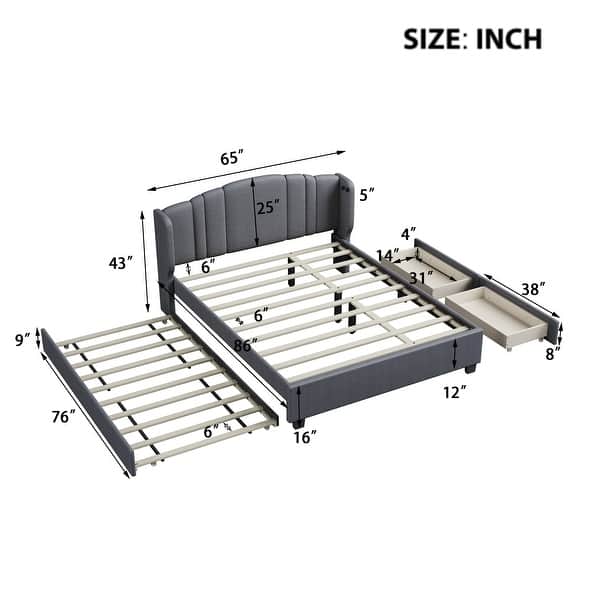 dimension image slide 2 of 3, Queen Size Upholstered Platform Bed with 1 Twin Size Trundle Bed Frame