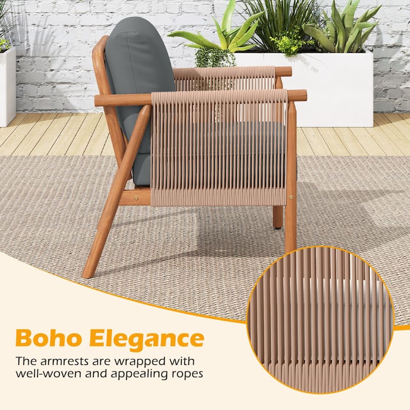 Gymax 2PCS Patio Acacia Wood Chair w/ Woven Rope Armrests & Seat Back