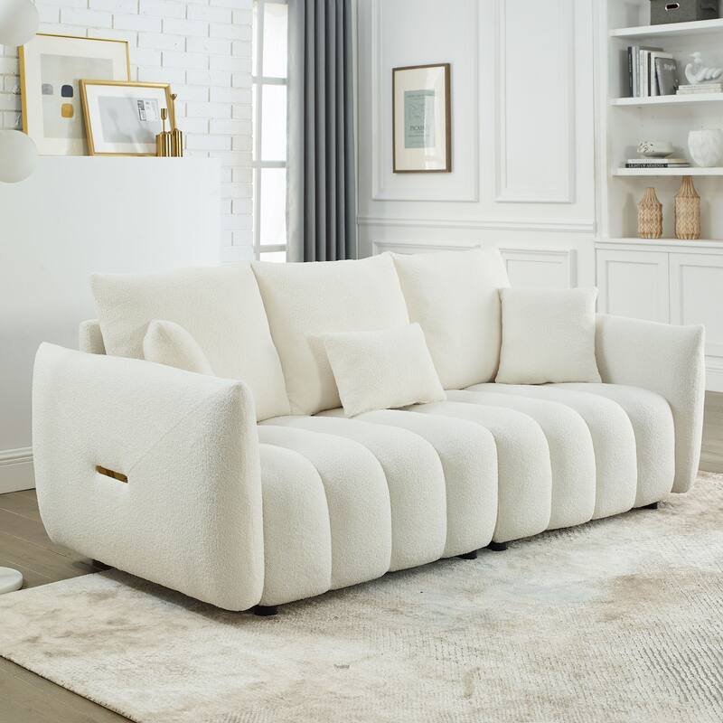 81" Premium Teddy fabric Sofa with 3 Back Pillows and 3 back Cushions Solid Wood Frame 3-Seater Sofa,Upholstered - Beige