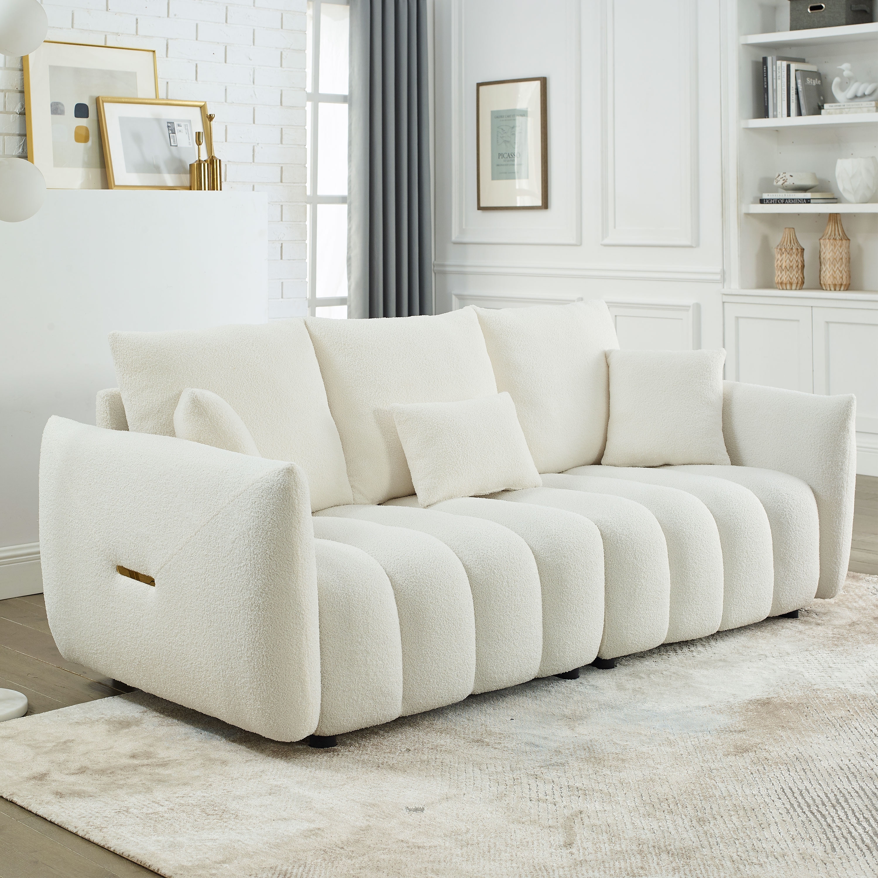 Modern Teddy Fabric Sofa, 3-Seater Curved Arm Couch with Channel Tufted Seats for Living Room