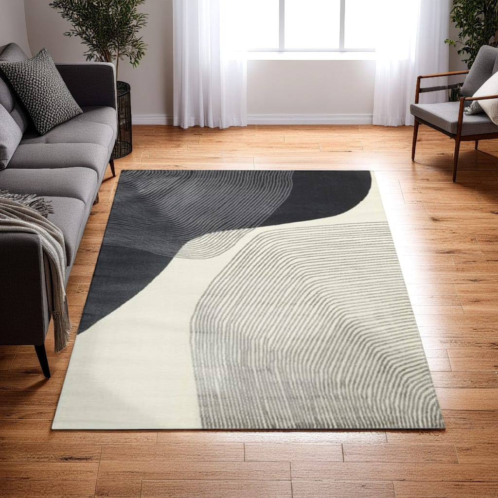 Veer 5 x 7 Area Rug, Linear Abstract Pattern, Polyester, Wool, Gray, Ivory - 5 x 7