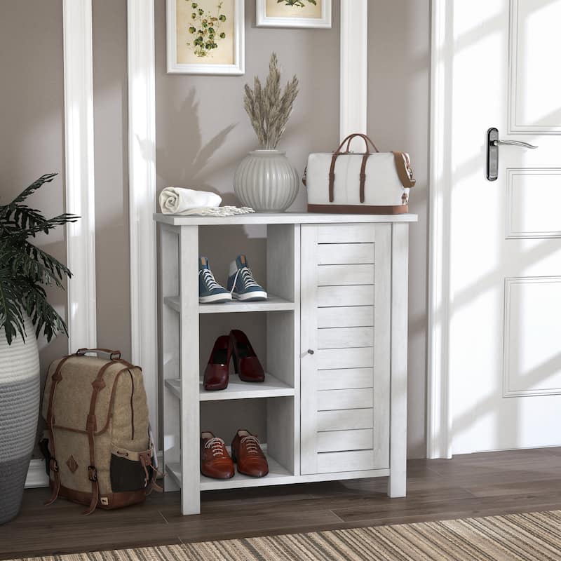 McKee Farmhouse White Oak Storage Cabinet with 3-Open Shelf by Furniture of America - White Oak
