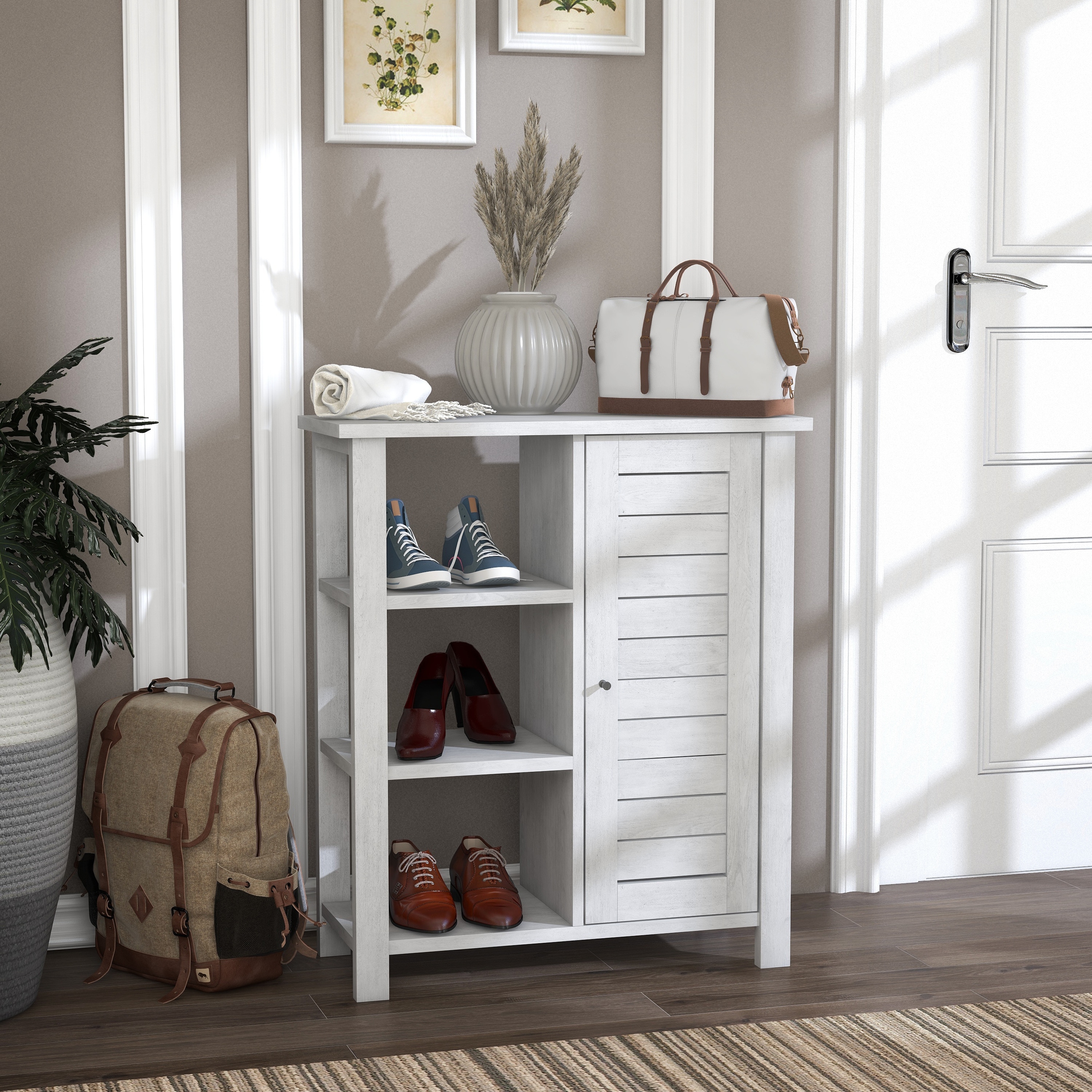 Furniture of America McKee Farmhouse White Oak Storage Cabinet with 3-Open Shelf