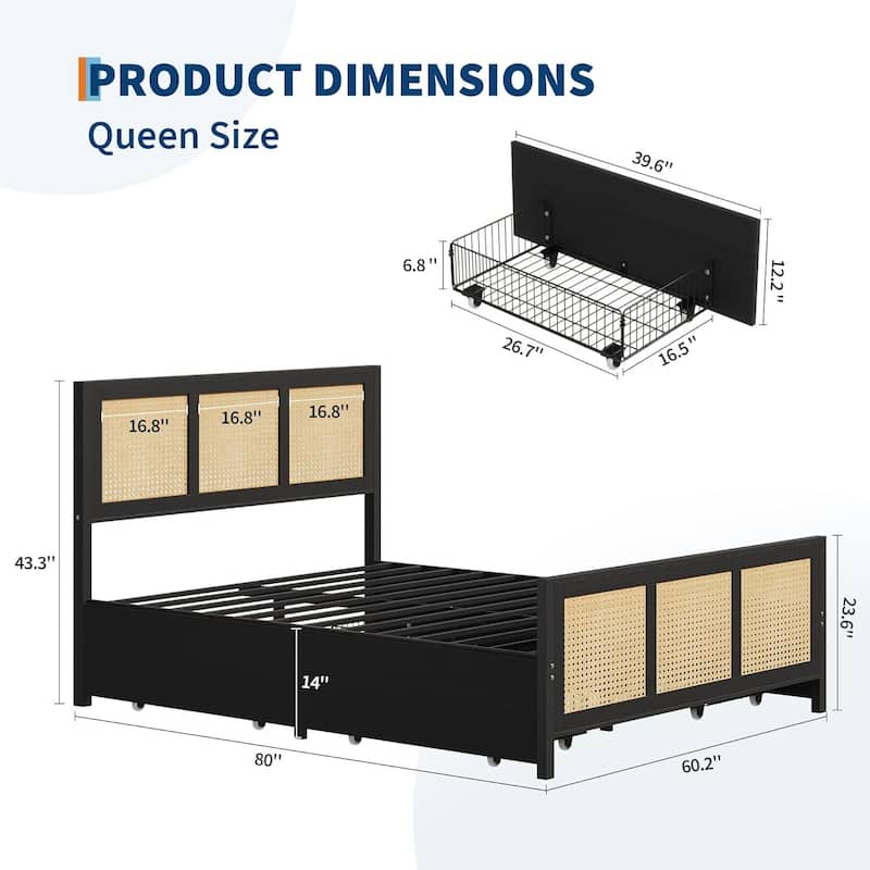 Rattan Bed Frame with Headboard, with 4 Drawers