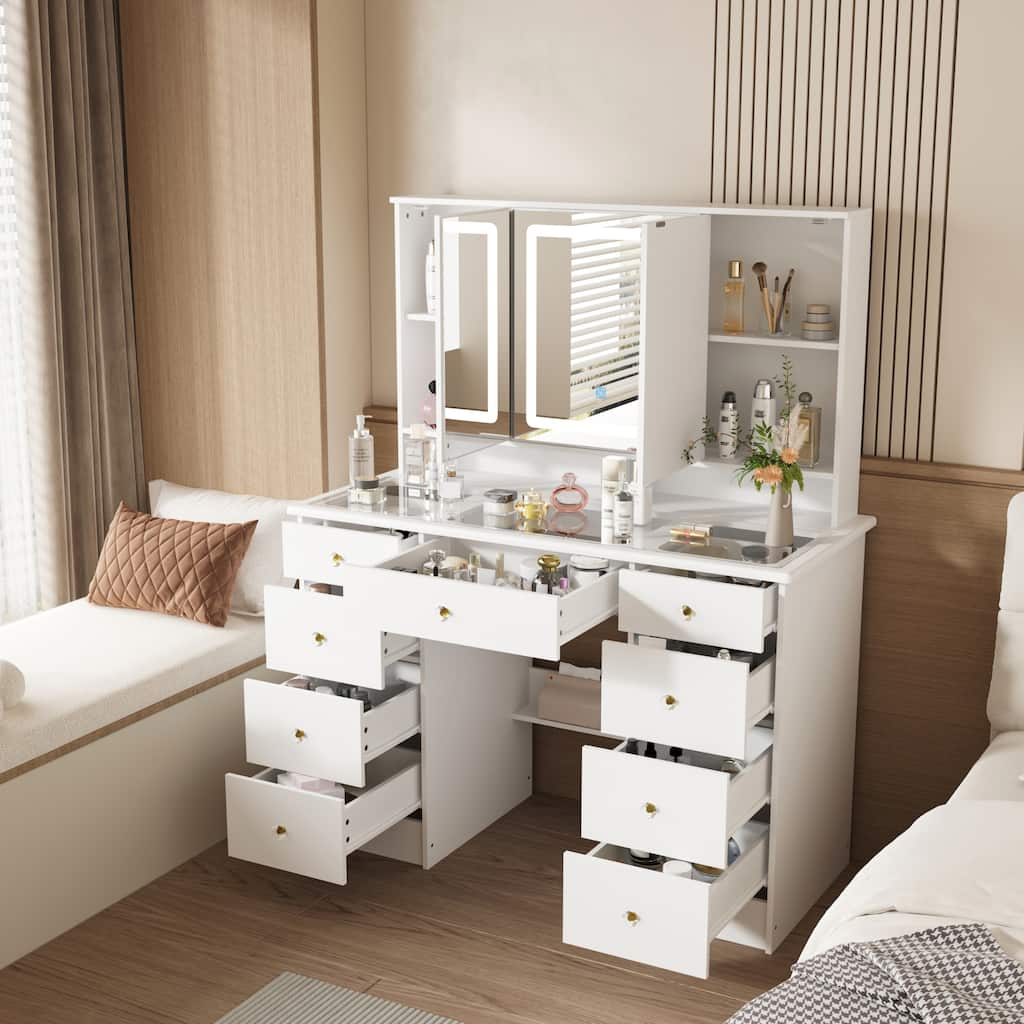 43" White Makeup Vanity Desk with LED Lighted Mirror, Tempered Glass Top, 9 Drawers Storage Dressing Table