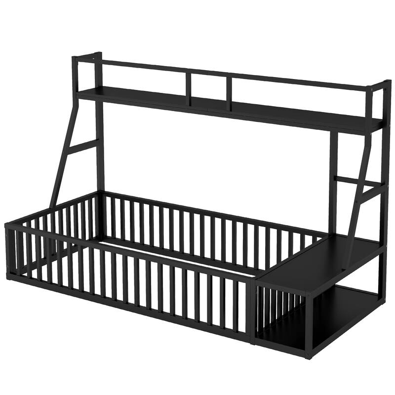 Twin Size Metal Floor Panel Bed with Safety Fence and Desk and Storage Shelves