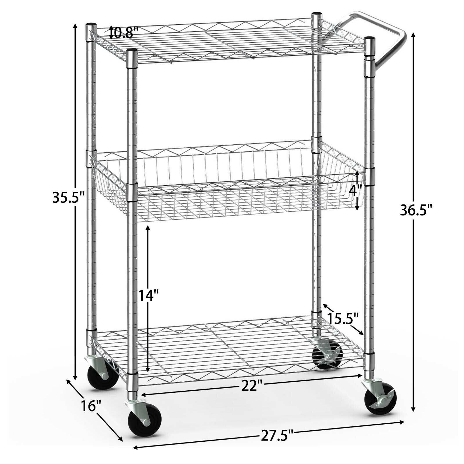 White 3-Tier Rolling Storage Utility Cart, Heavy Duty Craft Cart with Wheels and Handle - Kitchen Cart