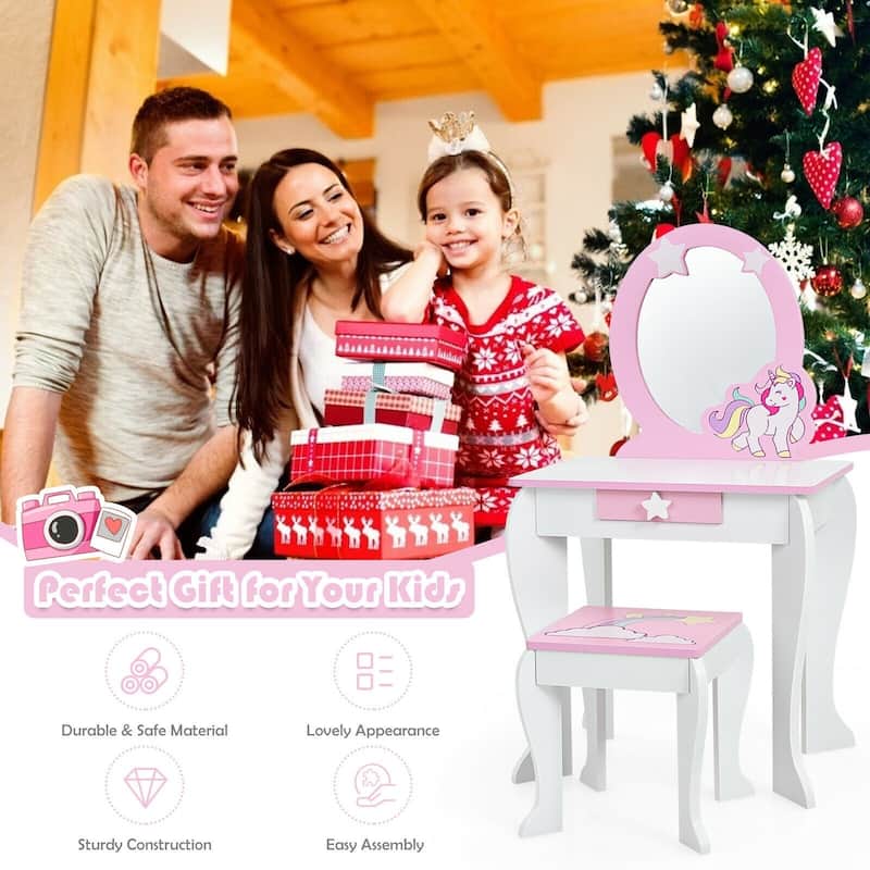 Kids Wooden Makeup Dressing Table and Chair Set with Mirror and Drawer - 19" x 14" x 35" (L x W x H)