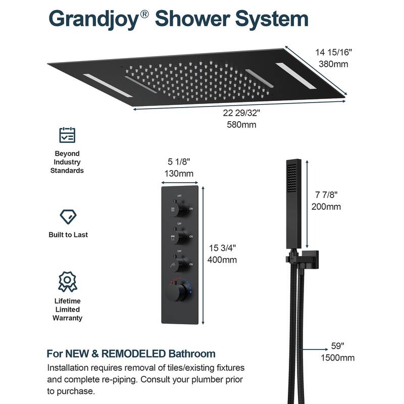 GRANDJOY LUXURY Shower System 22"x15" Ceiling Mount Rainfall & Waterfall Shower Head with Handheld Spray Como 64 Colors LED